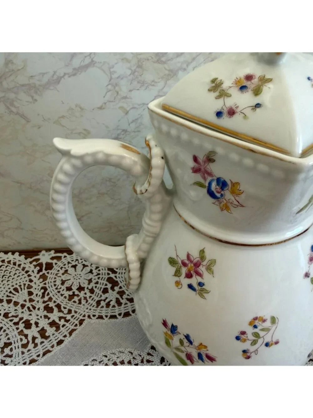 Antique Victorian Ironstone Chocolate Pot Lidded Coffee Server Floral Gold 10.5